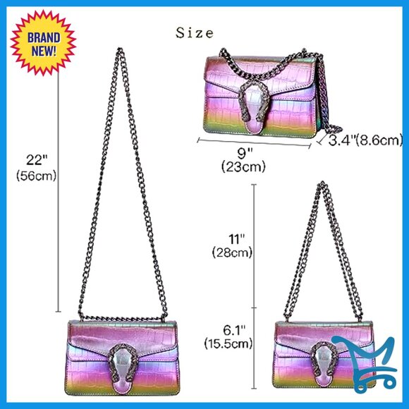 Vintage Snake Print PU Leather Crossbody Bag with Chain Strap - 9x3.1x5.5 - Picture 3 of 7